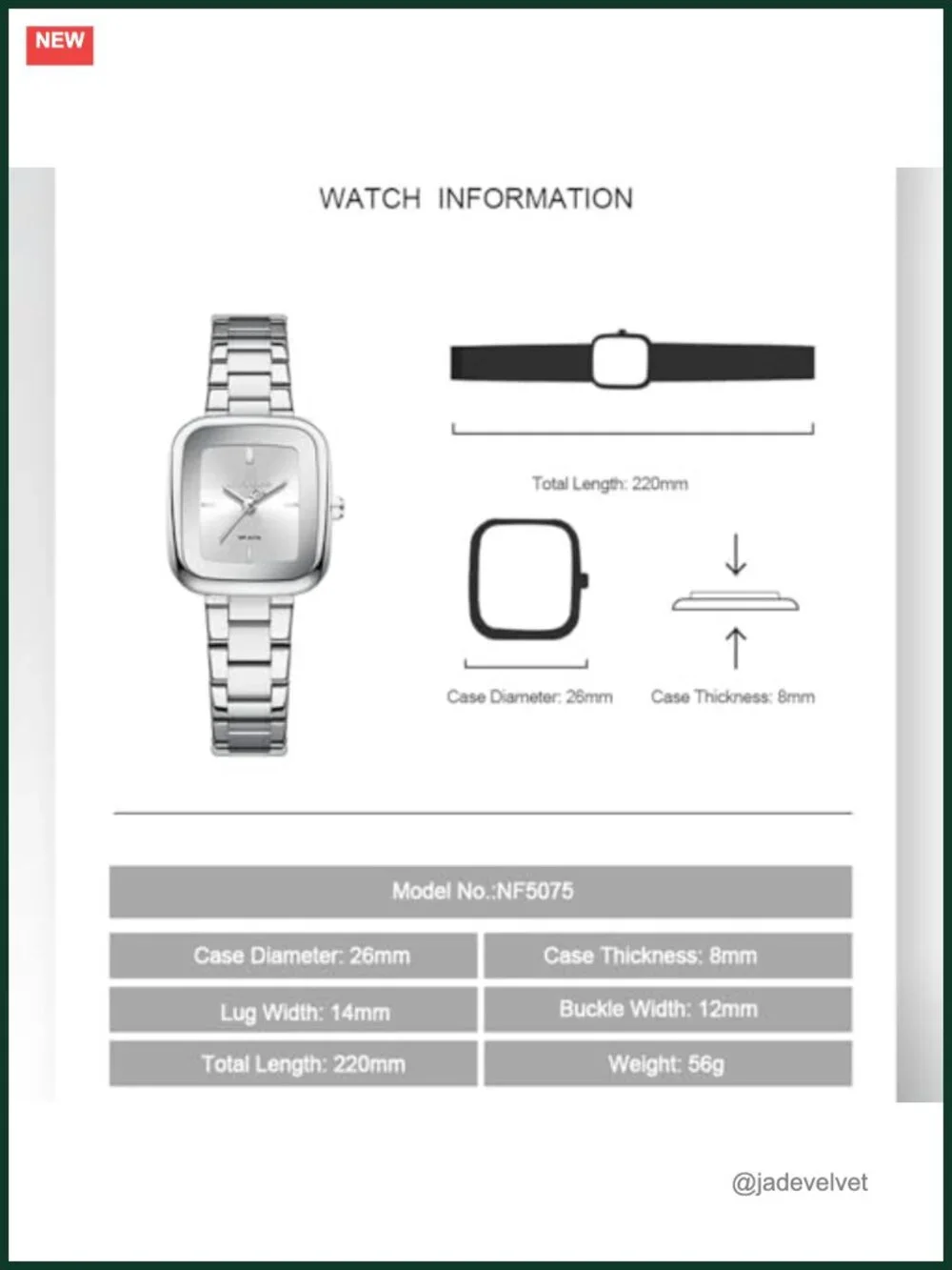 Vintage Square Case Watch, Stainless Steel Band, Waterproof, Gift for Her